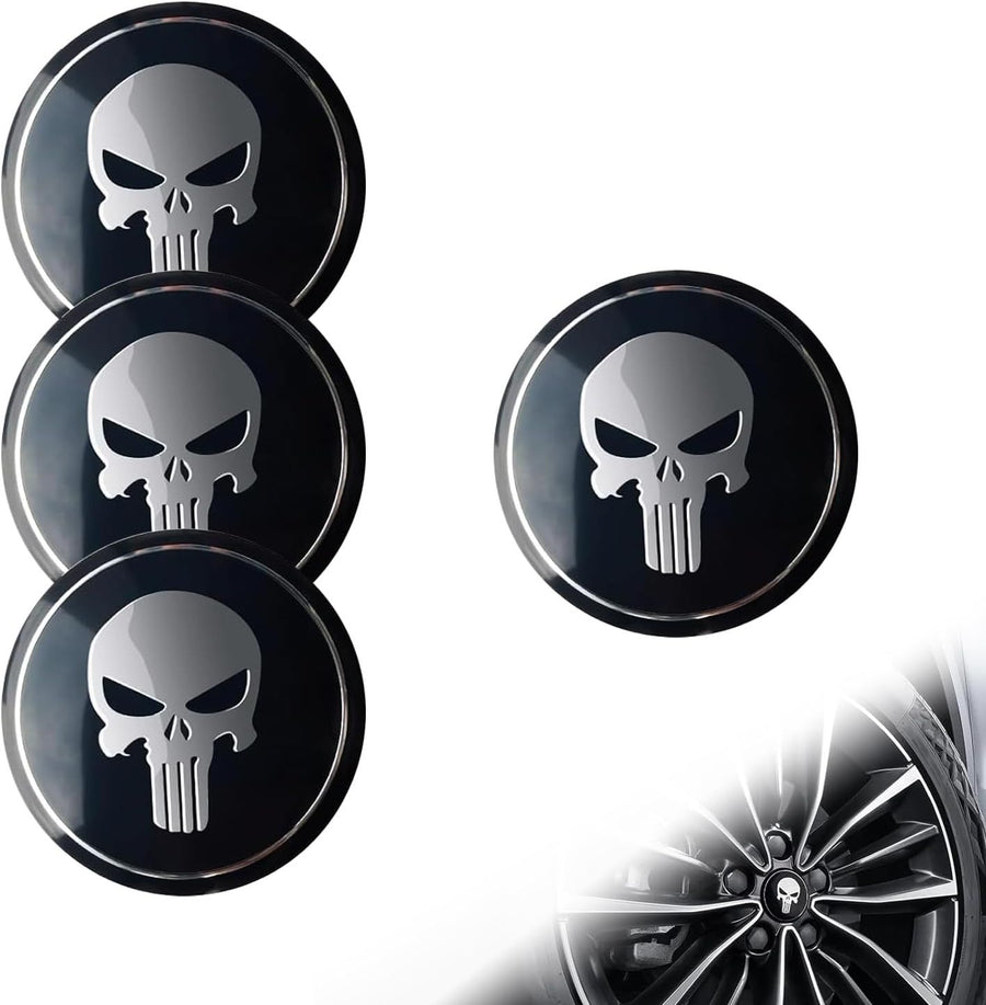 4 PCS Car Wheel Center Caps, 2.24" Cool Personalized Longtooth Skull Wheel Center Hub Cap Cover, Scratch-Resistant Anti-Rust Rim Sticker Accessory, Universal for Cars Tire Trim (Black)