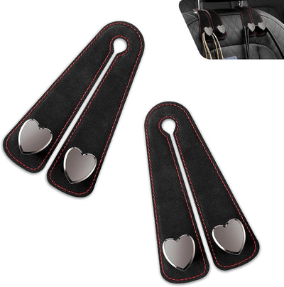 2 PCS Car Seat Headrest Hooks, Multifunctional Double Hanger & Phone Holder, Soft Suede Leather & Load-bearing Heart Shape Metal Hook, Back Seat Organizer for Most Cars (Black)