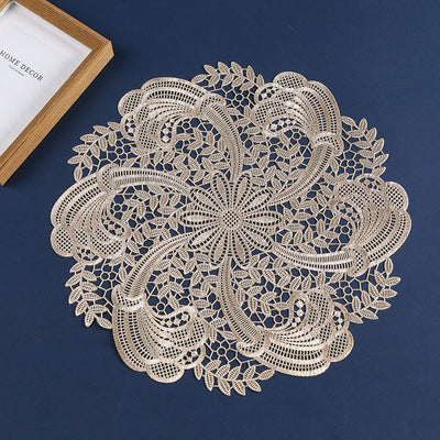 Embroidered Heat Insulation Placemat 6-Pack - Hollow Round PVC Table Mat with Lace Design - Anti-Slip Oil Proof Dining Mat for Kitchen Restaurant - Gold 39cm