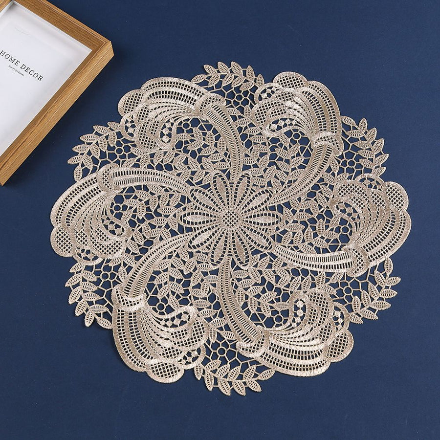 Embroidered Heat Insulation Placemat 6-Pack - Hollow Round PVC Table Mat with Lace Design - Anti-Slip Oil Proof Dining Mat for Kitchen Restaurant - Gold 39cm