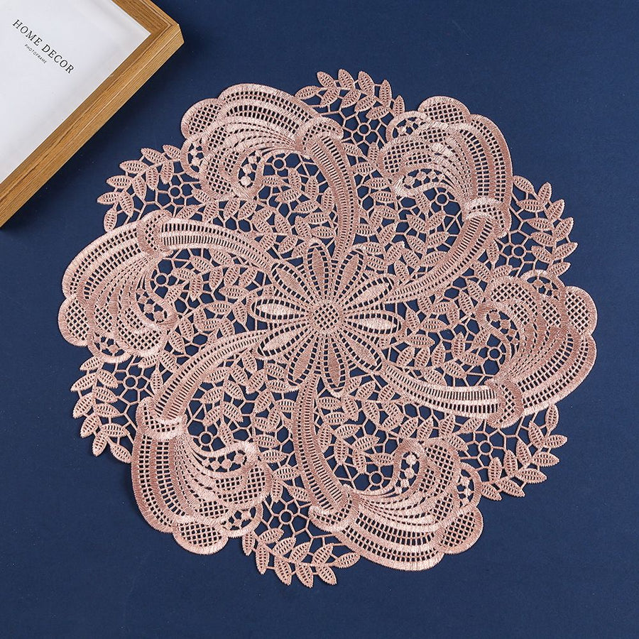 Embroidered Heat Insulation Placemat 6-Pack - Hollow Round PVC Table Mat with Lace Design - Anti-Slip Oil Proof Dining Mat for Kitchen Restaurant - Rose Gold 39cm