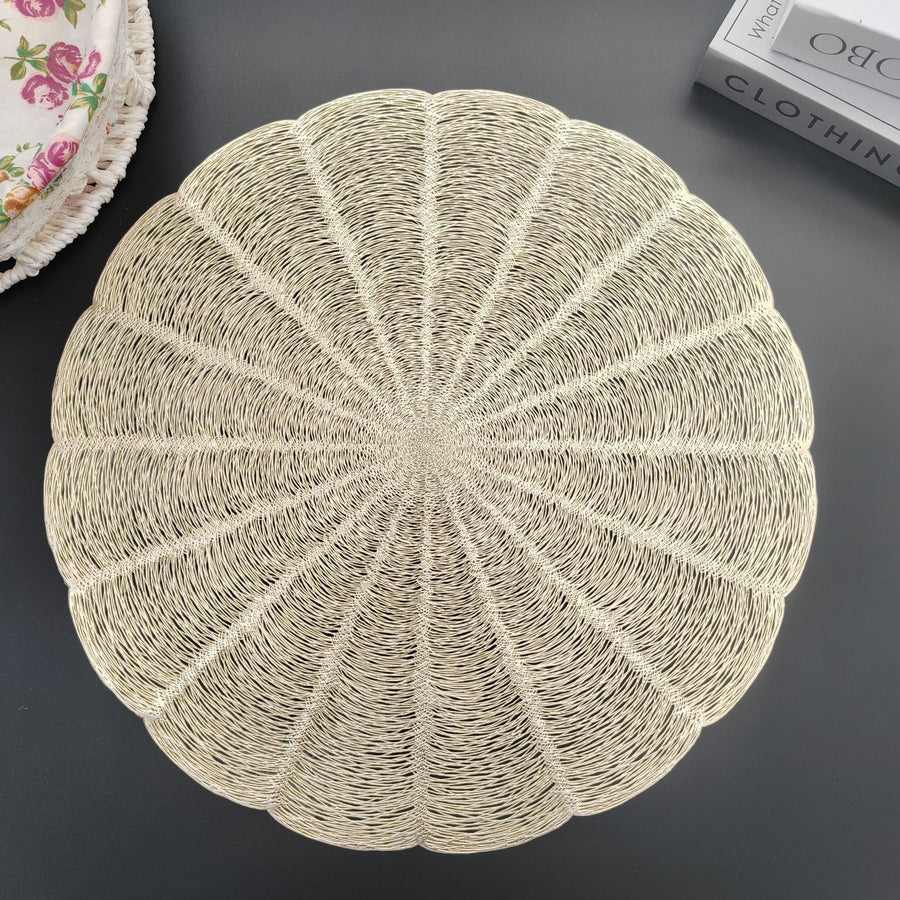 Embroidered Heat Insulation Placemat 6-Pack - Hollow Round PVC Table Mat with Lace Design - Anti-Slip Oil Proof Dining Mat for Kitchen Restaurant - Gold 38cm