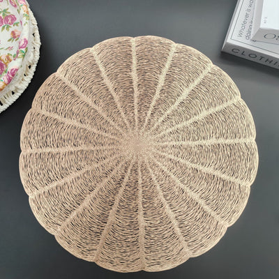 Embroidered Heat Insulation Placemat 6-Pack - Hollow Round PVC Table Mat with Lace Design - Anti-Slip Oil Proof Dining Mat for Kitchen Restaurant - Rose Gold 38cm