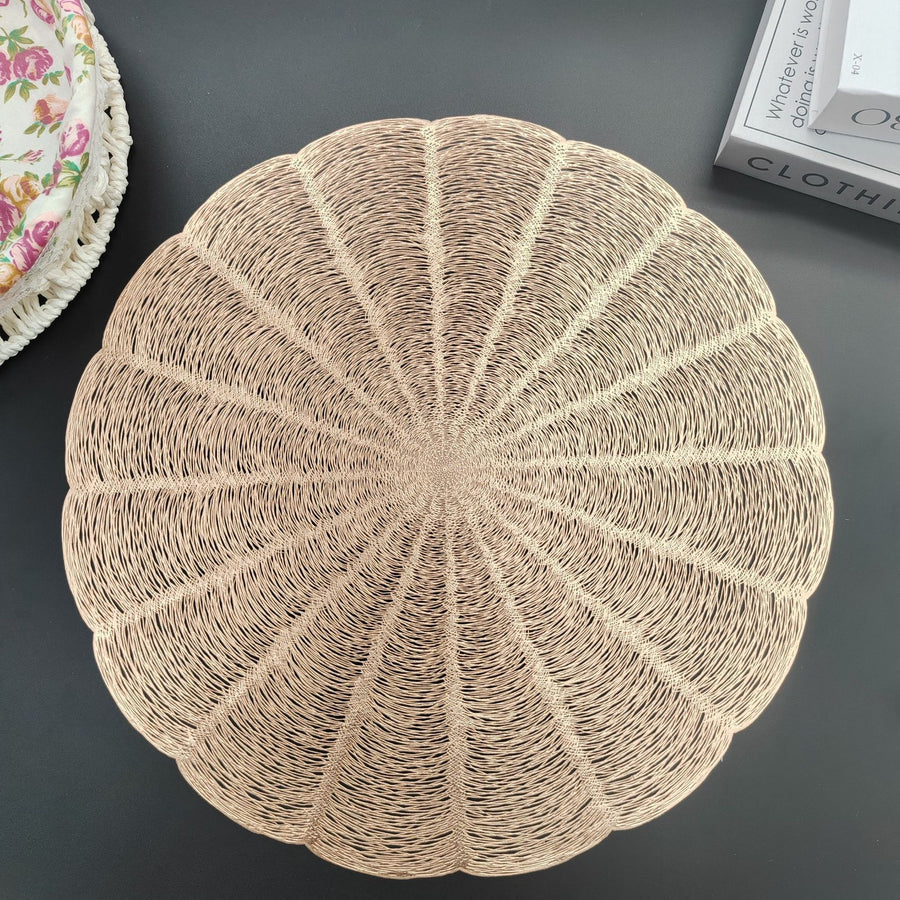 Embroidered Heat Insulation Placemat 6-Pack - Hollow Round PVC Table Mat with Lace Design - Anti-Slip Oil Proof Dining Mat for Kitchen Restaurant - Rose Gold 38cm