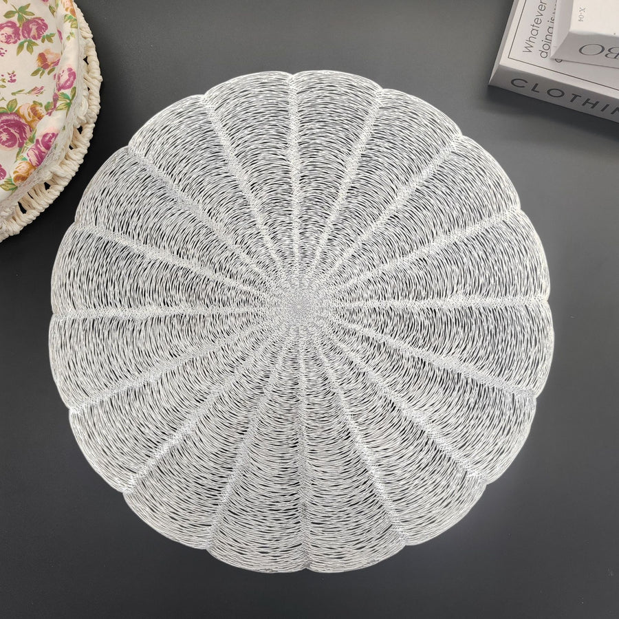Embroidered Heat Insulation Placemat 6-Pack - Hollow Round PVC Table Mat with Lace Design - Anti-Slip Oil Proof Dining Mat for Kitchen Restaurant - Silver 38cm