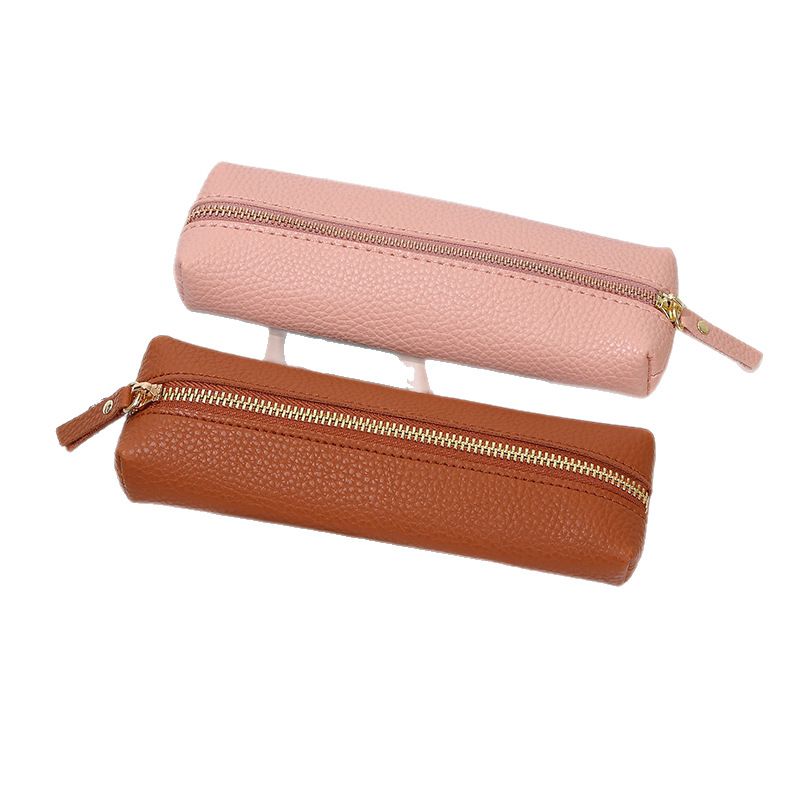2-Pack Leather Pencil Case - Korean Style Zipper Stationery Bag for Students and Office - Large Capacity Pen Organizer Pouch - Pink + Dark Brown