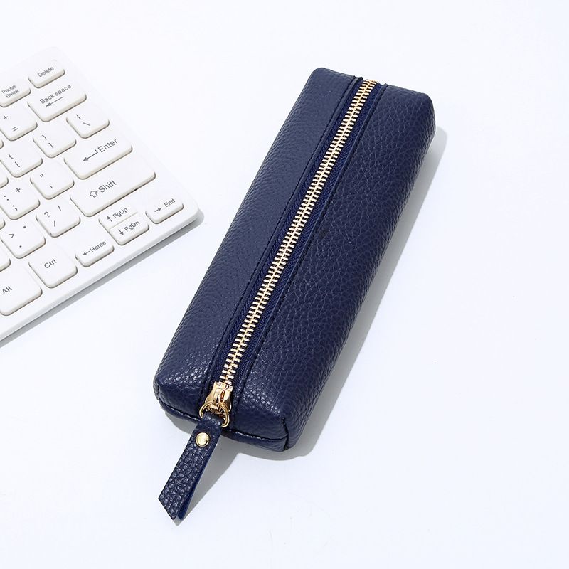 Leather Pencil Case - Korean Style Zipper Stationery Bag for Students and Office - Large Capacity Pen Organizer Pouch - Blue