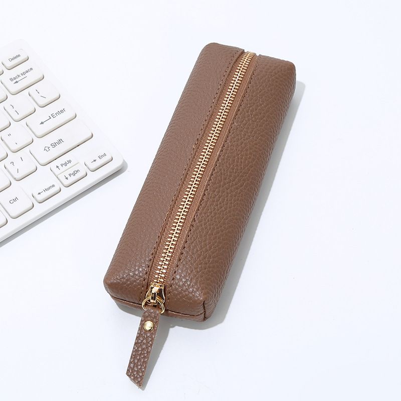 Leather Pencil Case - Korean Style Zipper Stationery Bag for Students and Office - Large Capacity Pen Organizer Pouch - Coffee Brown