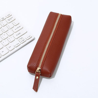 Leather Pencil Case - Korean Style Zipper Stationery Bag for Students and Office - Large Capacity Pen Organizer Pouch - Dark Brown