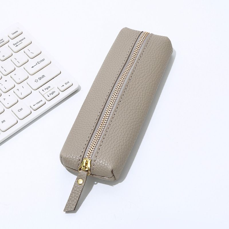 Leather Pencil Case - Korean Style Zipper Stationery Bag for Students and Office - Large Capacity Pen Organizer Pouch - Gray