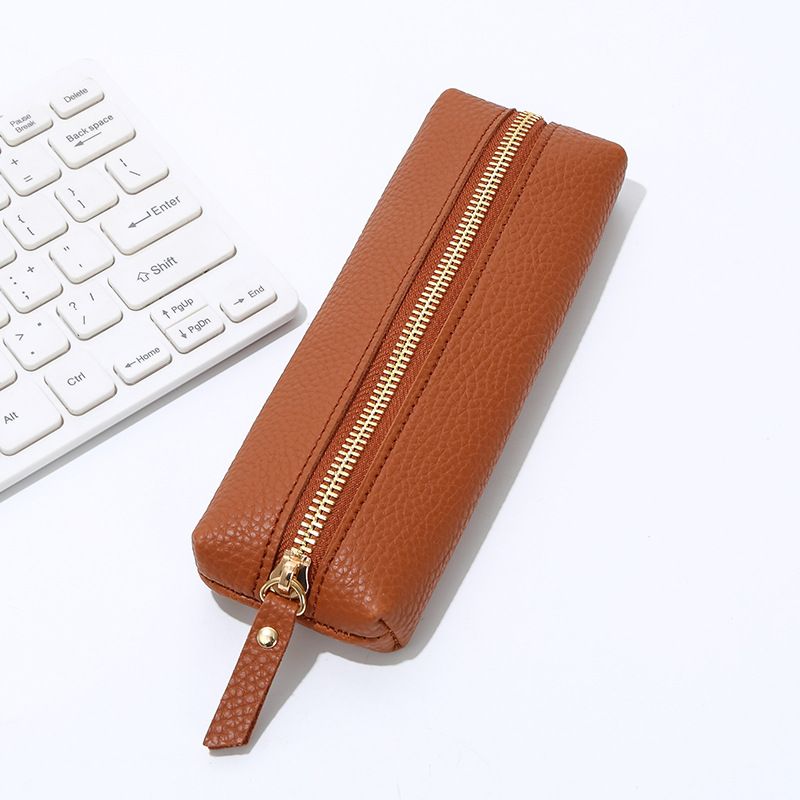Leather Pencil Case - Korean Style Zipper Stationery Bag for Students and Office - Large Capacity Pen Organizer Pouch - Light Brown