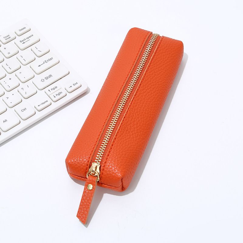Leather Pencil Case - Korean Style Zipper Stationery Bag for Students and Office - Large Capacity Pen Organizer Pouch - Orange