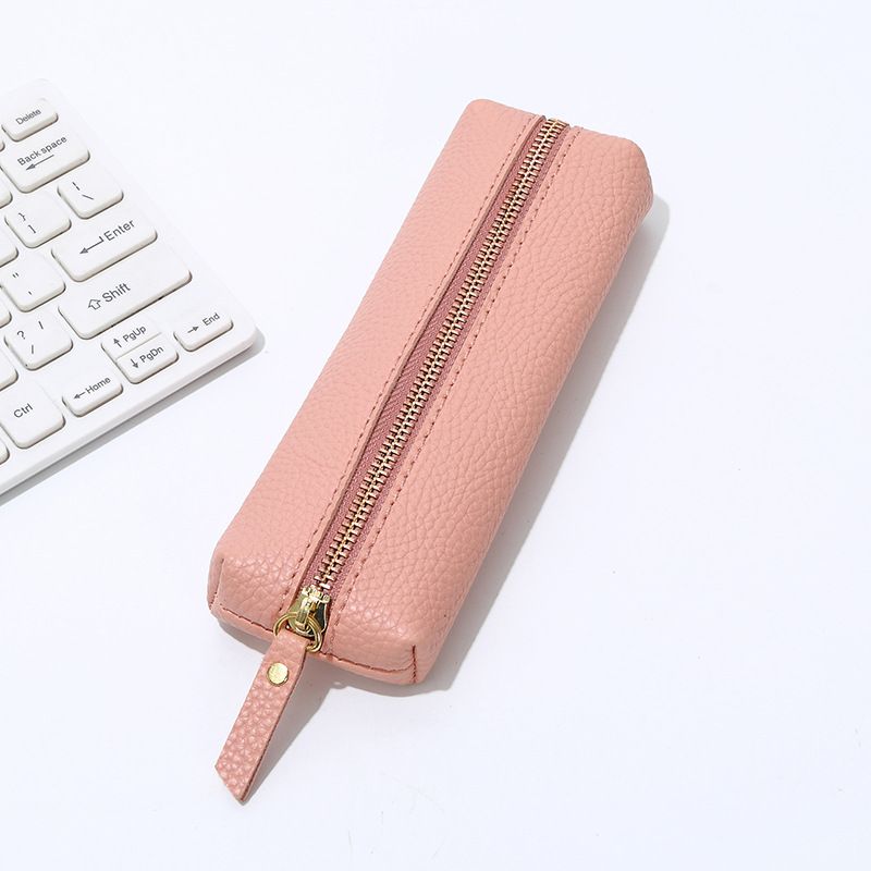 Leather Pencil Case - Korean Style Zipper Stationery Bag for Students and Office - Large Capacity Pen Organizer Pouch - Pink