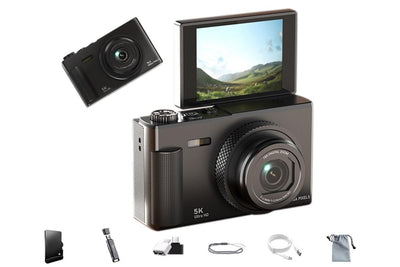 5K Digital Camera 18X Zoom Flip Screen Shoot Camera 64GB Memory Card-Black