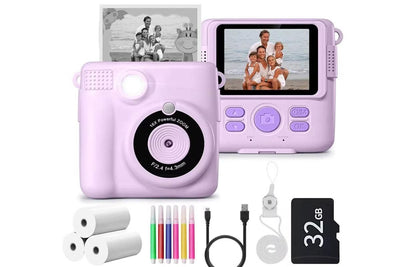 Instant Print Camera for Kids Zero Ink Print Photo Camera with 32G TF Card-Purple