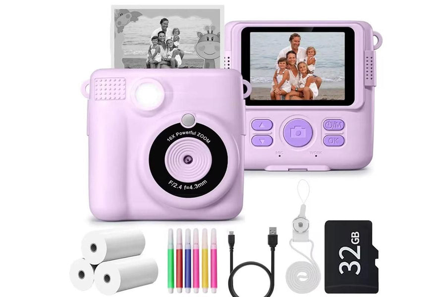 Instant Print Camera for Kids Zero Ink Print Photo Camera with 32G TF Card-Purple