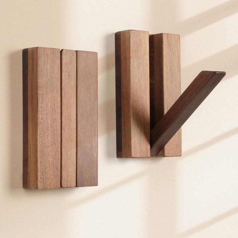 2PCS Foldable Retro Wooden Wall Hooks, Space Saving for Hats Bags Towels, Brown