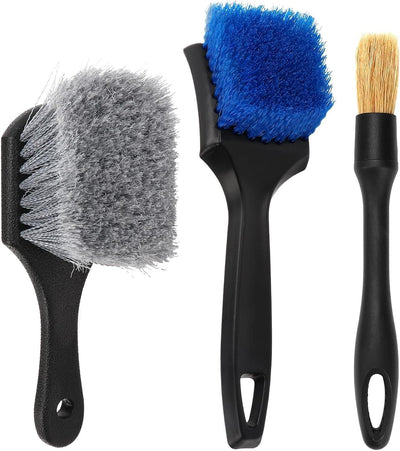 Car Cleaning Brush Set 3pc Soft Stiff Detail Brushes for Tyres Carpet Wheels
