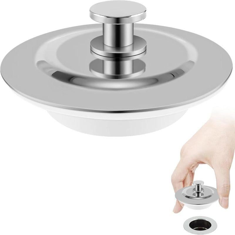 Stainless Steel Press Drain Stopper, Universal Plug Fits 40–45mm Sink Basin, Silver