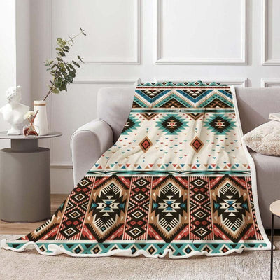 Boho Aztec Flannel Throw Blanket, Southwest Geometric Pattern for Sofa Bedroom Decor, White(130x150cm)