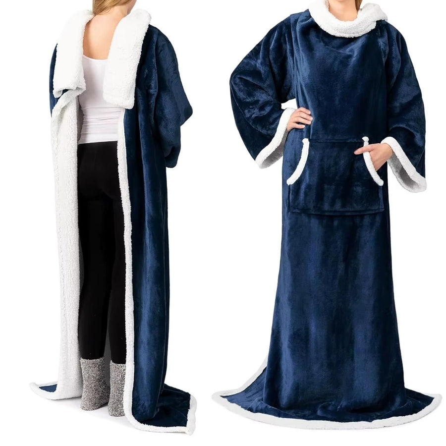 Sleeved Blanket Hoodie Flannel Sherpa TV Blanket Navy Blue
