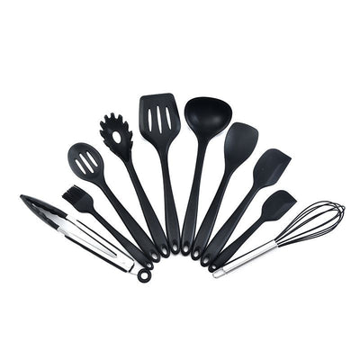 10pcs Silicone Kitchen Utensils Non-stick Cookware Spatula Spoon Cookware Set - Black