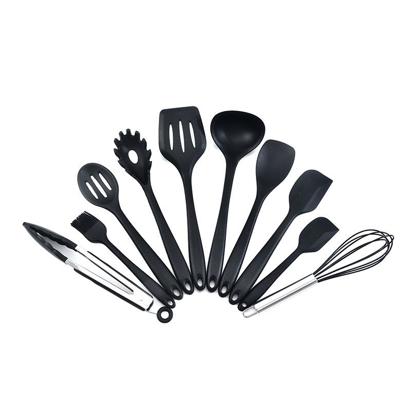 10pcs Silicone Kitchen Utensils Non-stick Cookware Spatula Spoon Cookware Set - Black