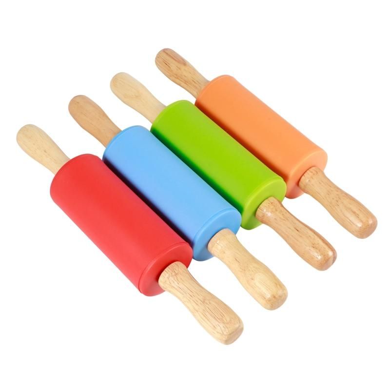 4PCS Mini Silicone Rolling Pin with Wooden Handle Non-Stick Dough Roller for Pizza Pastry