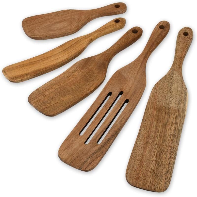 5 Pack Teak Wooden Spatula Set Non-Stick Pan Kitchen Cooking Utensils Brown