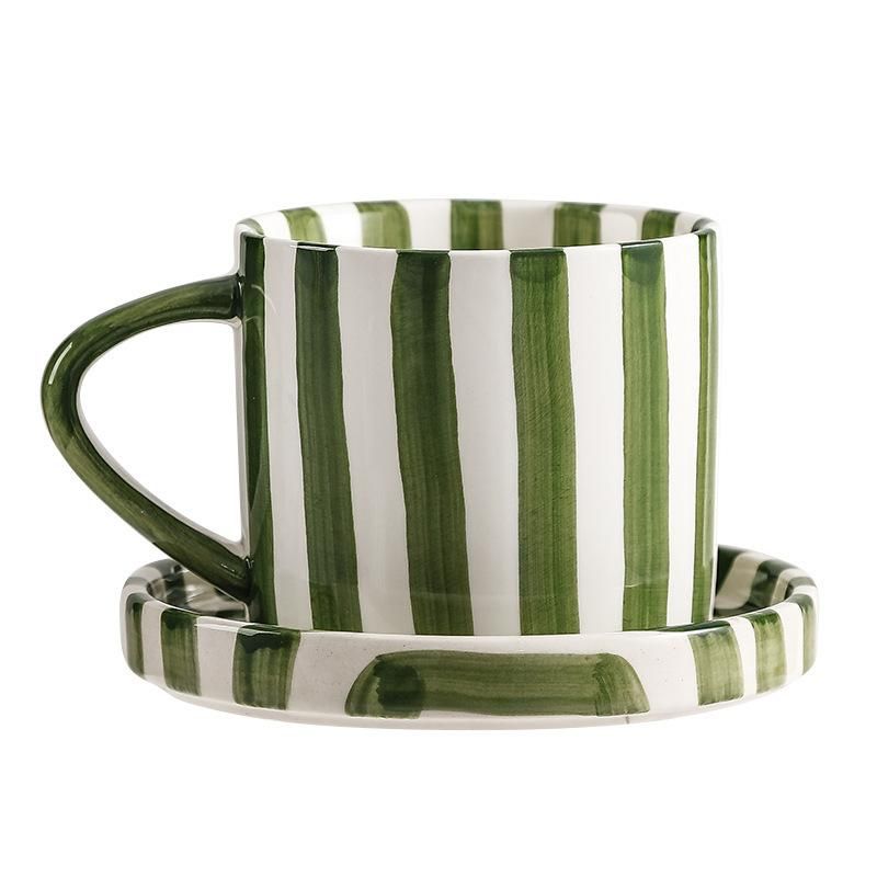 8 Oz Striped Ceramic Coffee Cup With Dish - Green