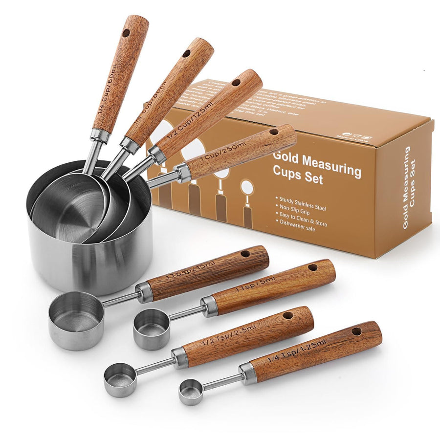 Measuring Cups Spoons Set Stainless Steel Wood Handle Premium Kitchen Baking Silver