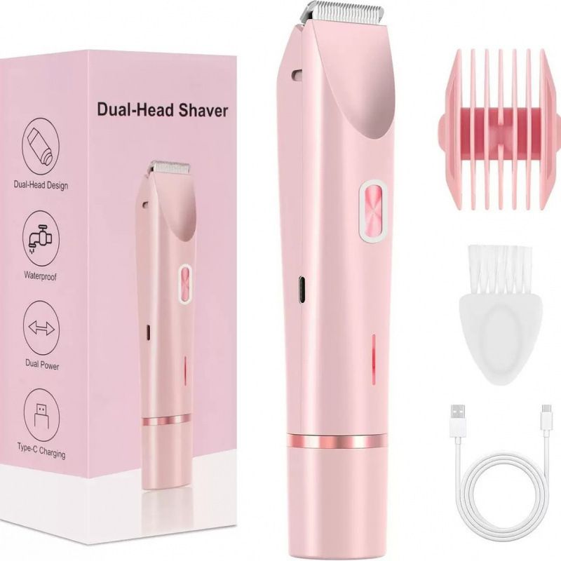 2-in-1 Electric Women's Shaver for Private Care, Bikini Trimmer, Painless & Wet/Dry, Rechargeable - Pink