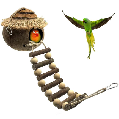 Hanging Coconut Shell Bird Nest With Ladder Cage Landscape Warm Bird House