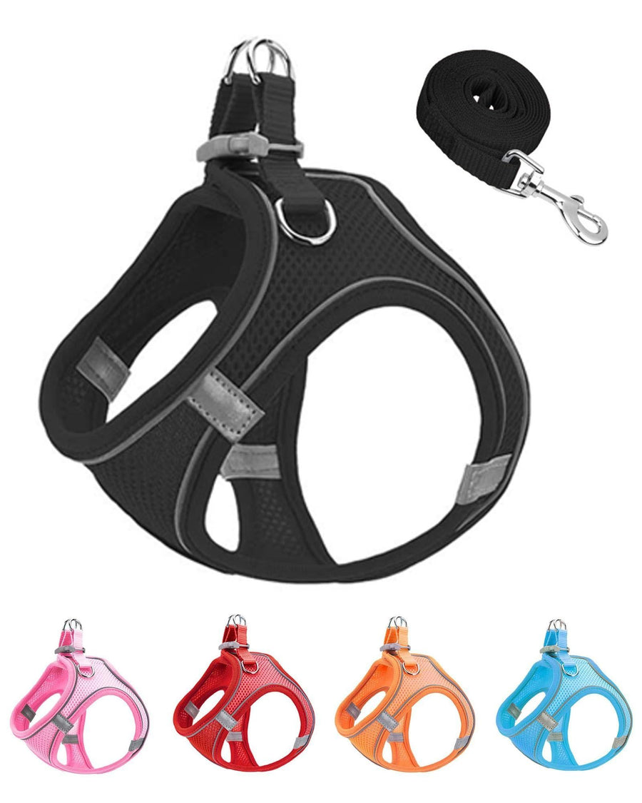 Dog Harness Leash Set Reflective Soft Mesh No Pull Pet Vest Black - S