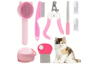 Pet Grooming Kit 8 Piece Nail Clipper File Deshedding Brush Flea Comb Toothbrush - Pink