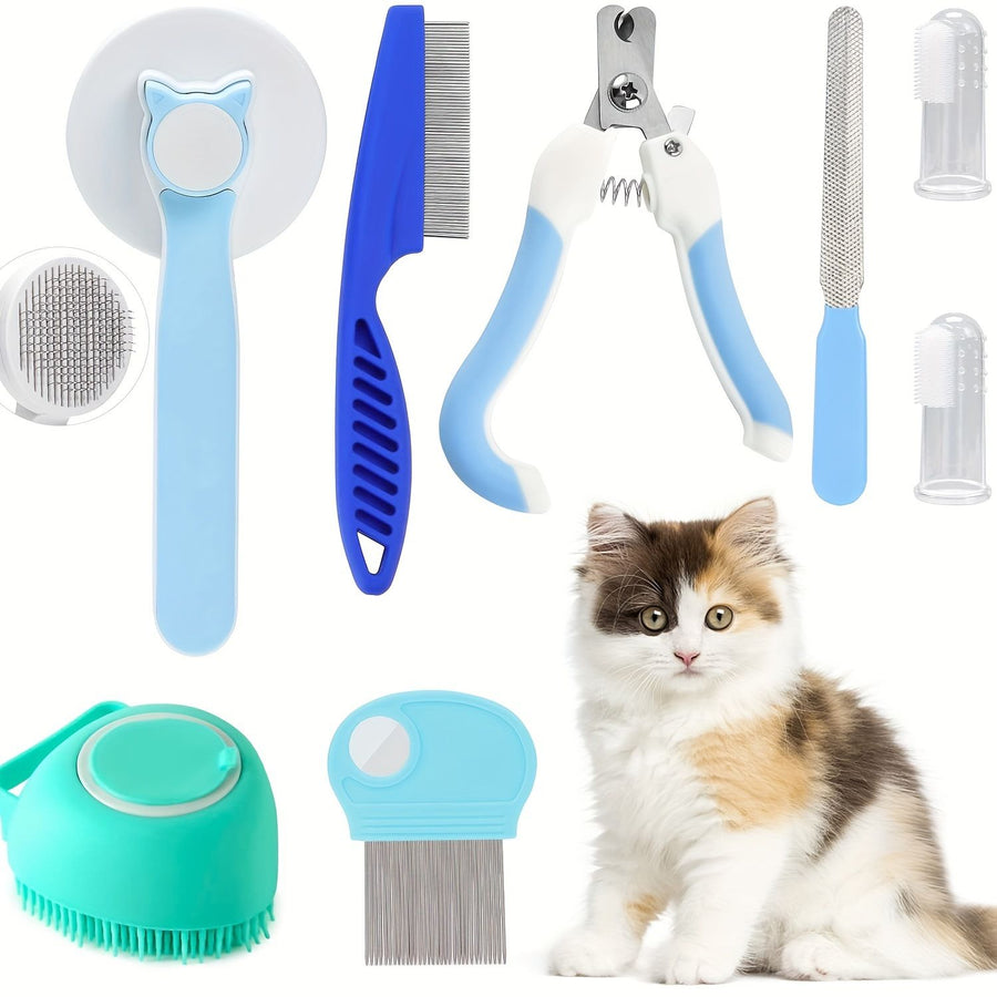 Pet Grooming Kit 8 Piece Nail Clipper File Deshedding Brush Flea Comb Toothbrush - Blue