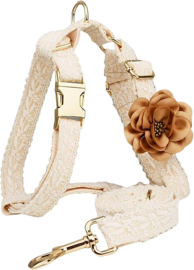 Pet Harness Leash Set Lace Embroidered Escape Resistant Adjustable White M