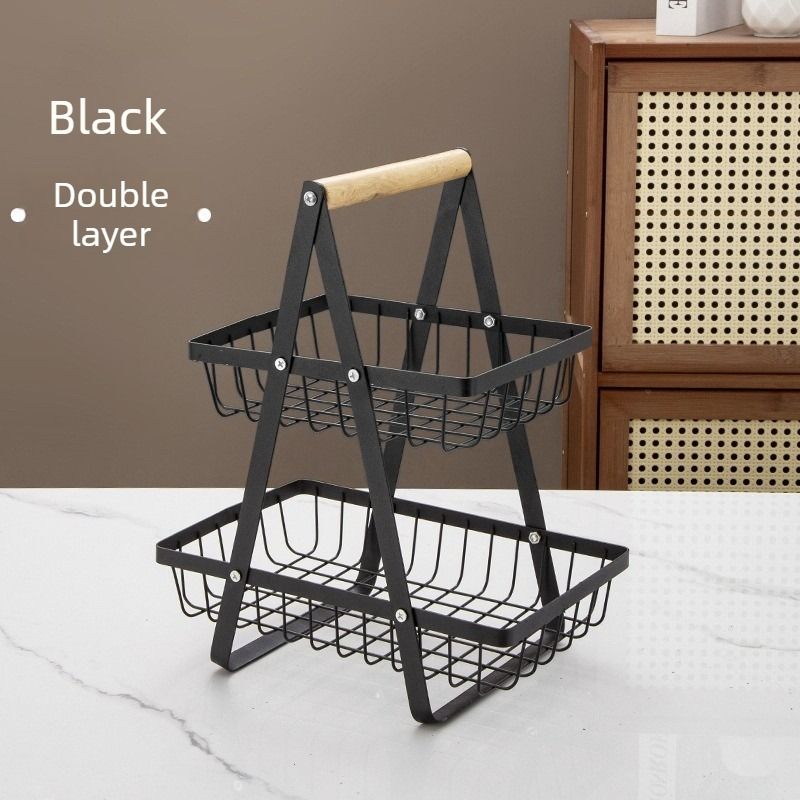 Light Luxury 3-Tier Iron Storage Rack with Wooden Handle, Household Fruit Vegetable Snack Organizer-Black