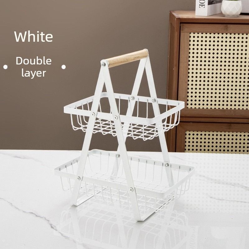 Light Luxury 2-Tier Iron Storage Rack with Wooden Handle, Household Fruit Vegetable Snack Organizer-White