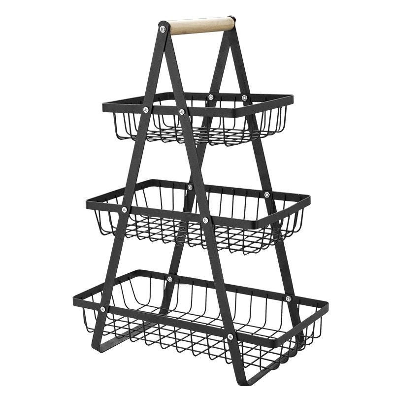 Light Luxury 3-Tier Iron Storage Rack with Wooden Handle, Household Fruit Vegetable Snack Organizer-Black