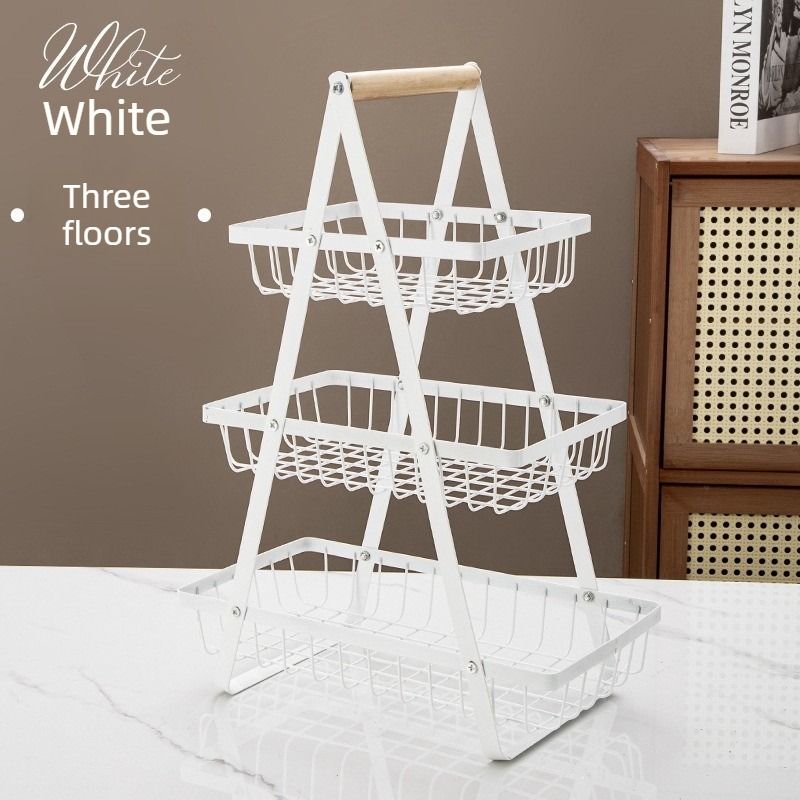 Light Luxury 2-Tier Iron Storage Rack with Wooden Handle, Household Fruit Vegetable Snack Organizer-White