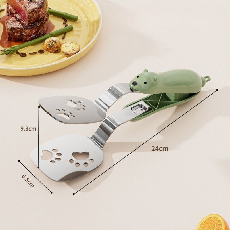 2-in-1 Spatula Tongs, Extended Stainless Steel Oil-Draining Food Tongs, Heat-Resistant Steak Turner—Green