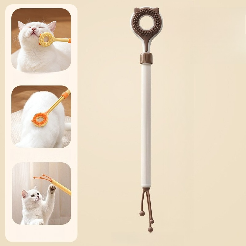 3-in-1 Retractable Pet Scratching Stick, Double-Sided Cat Massage Comb for Cat Grooming—Brown