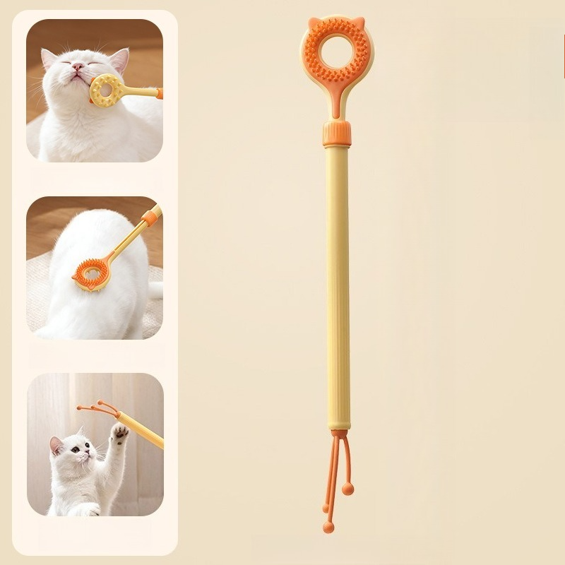 3-in-1 Retractable Pet Scratching Stick, Double-Sided Cat Massage Comb for Cat Grooming—Orange