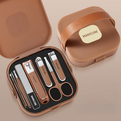 8-Piece Portable Manicure Set with Handheld PP Case, Splash-Proof Steel Nail Clipper Travel Beauty Kit—Brown