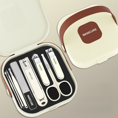 8-Piece Portable Manicure Set with Handheld PP Case, Splash-Proof Steel Nail Clipper Travel Beauty Kit—White