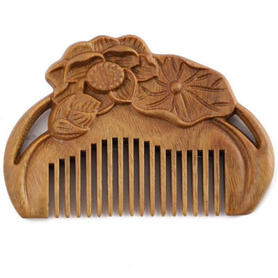 8cm Mini Carved Sandalwood Comb, Vintage Lotus Flower 3D Engraved Portable Anti-Static Wooden Scalp Massage Comb