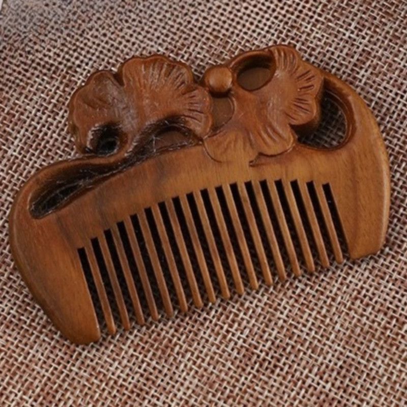8cm Mini Carved Sandalwood Comb, Vintage Reishi Mushroom 3D Engraved Portable Anti-Static Wooden Scalp Massage Comb