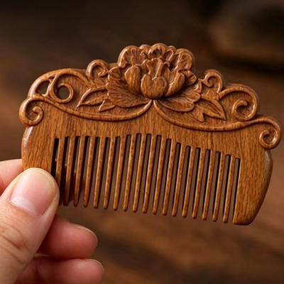 8cm Mini Carved Sandalwood Comb, Vintage Peony Flower 3D Engraved Portable Anti-Static Wooden Scalp Massage Comb