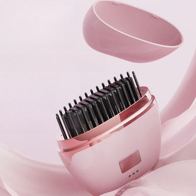 Mini Wireless Negative Ion Hair Straightener Brush, Rechargeable Portable Constant-Temperature Hair Styling Comb for Travel—Pink
